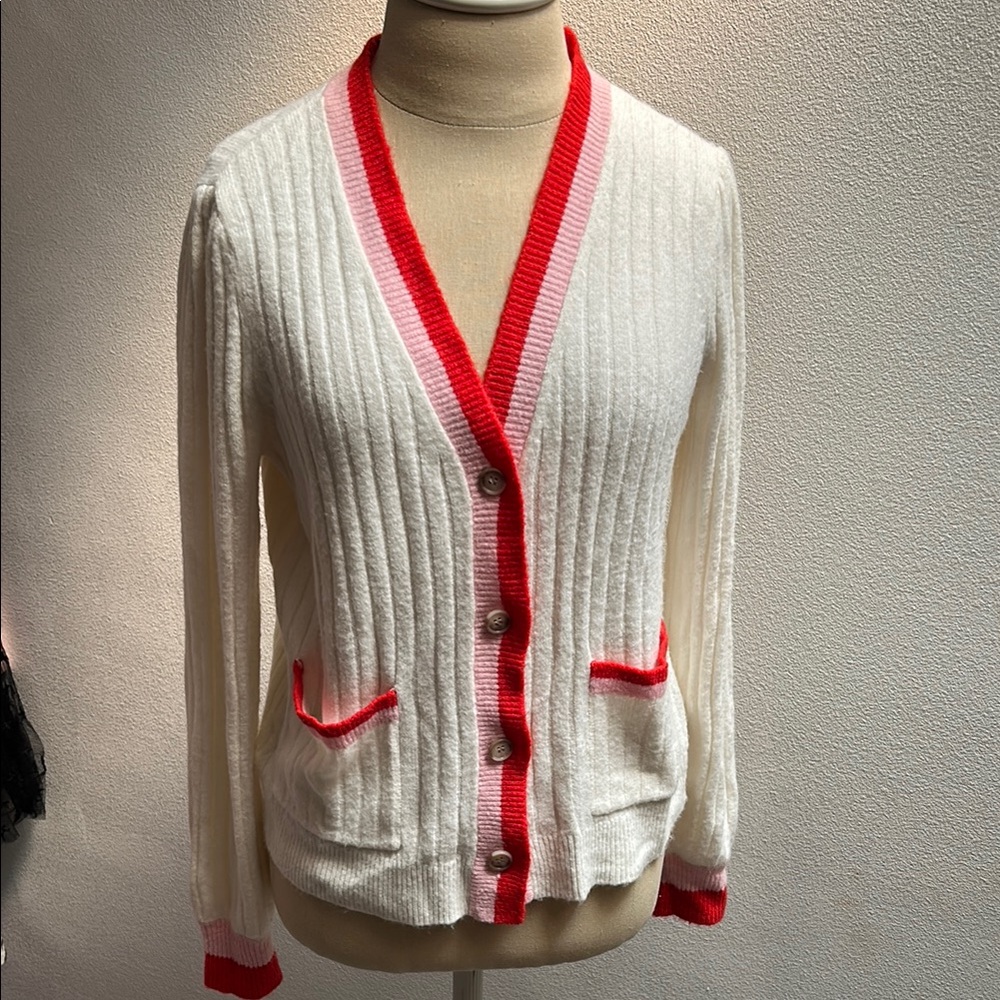LOFT Cream Cardigan with Red and pink striping Accents Women’s small